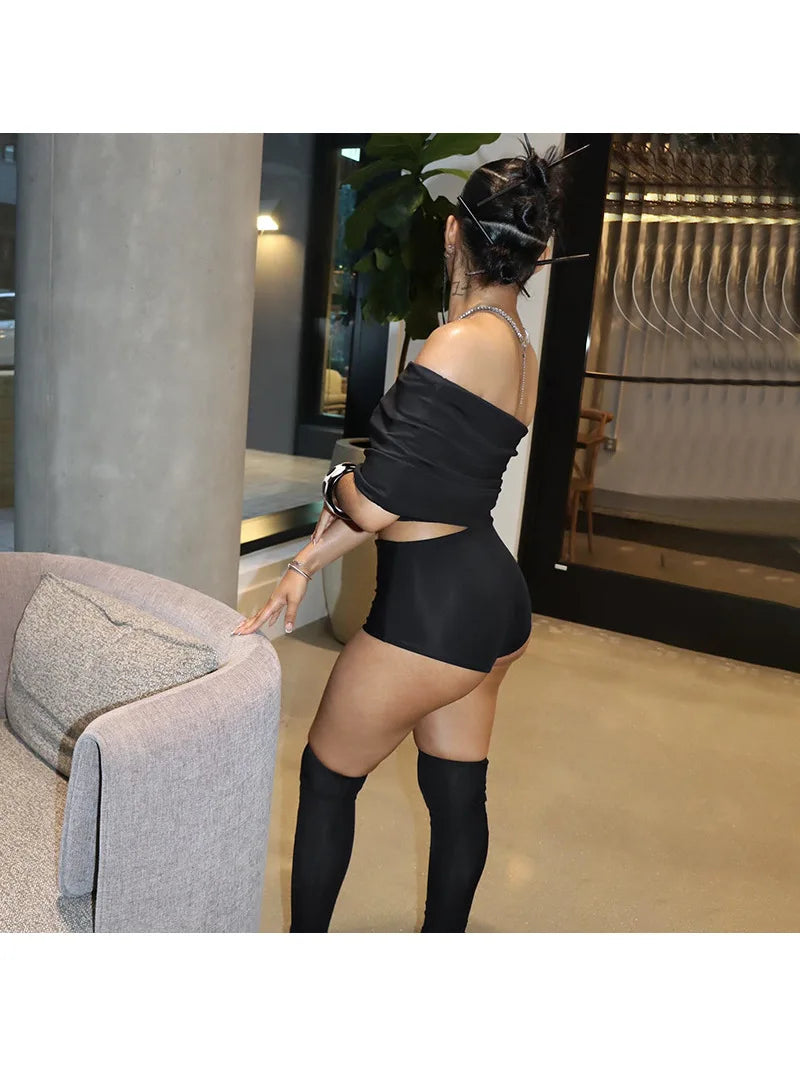 One Shoulder Top Fit Three Part Shorts Calf Socks Three Piece Set