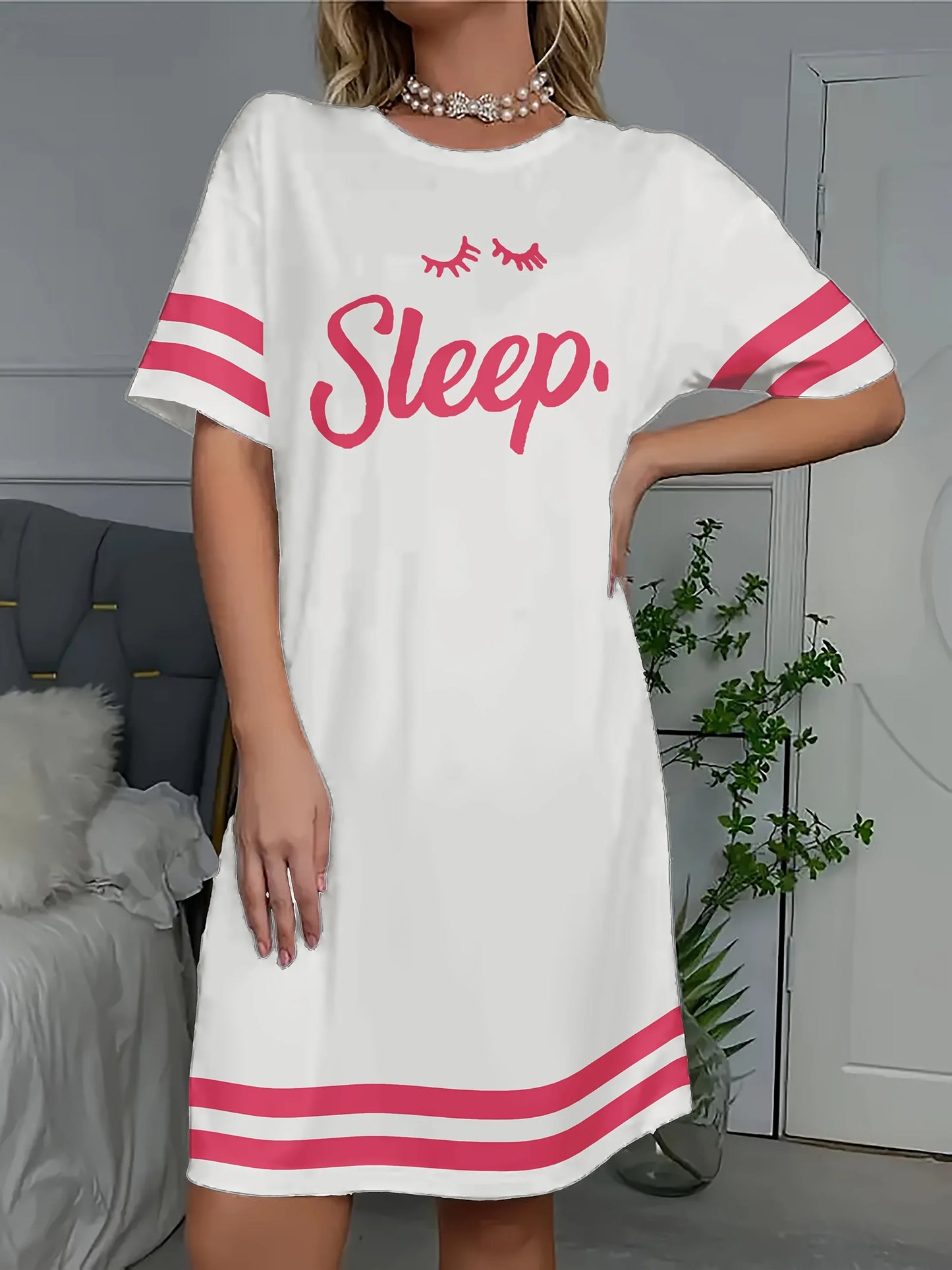 "SLEEP" Graphic Print Sleep Dress