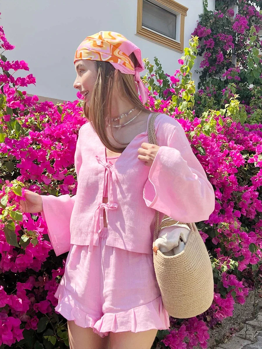 Lace Up Long Sleeves Shorts Set