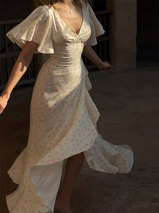 Print Long Ruffle Pleated Short Sleeve V-Neck Dress