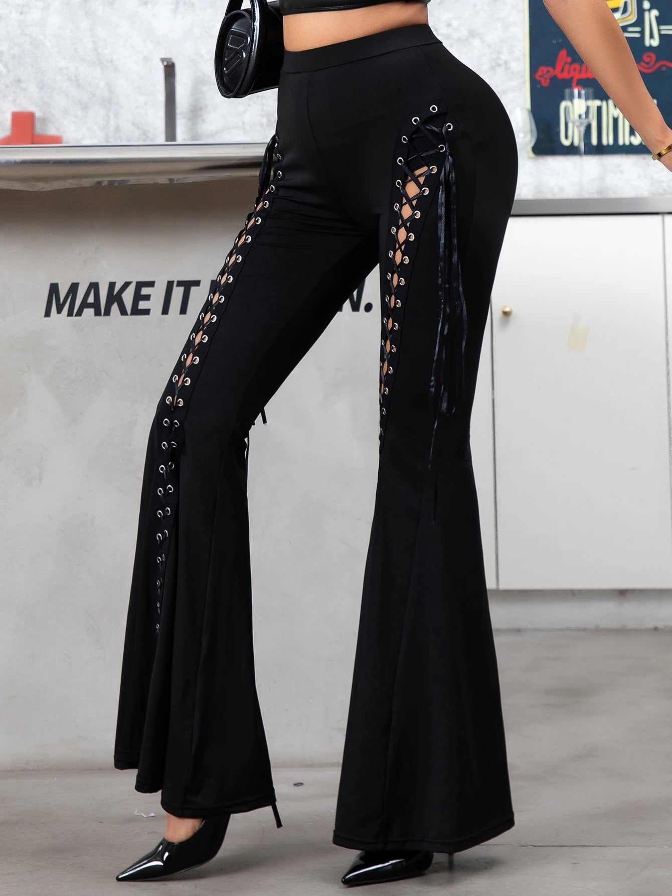 High Waisted Lace-Up Flare Pants
