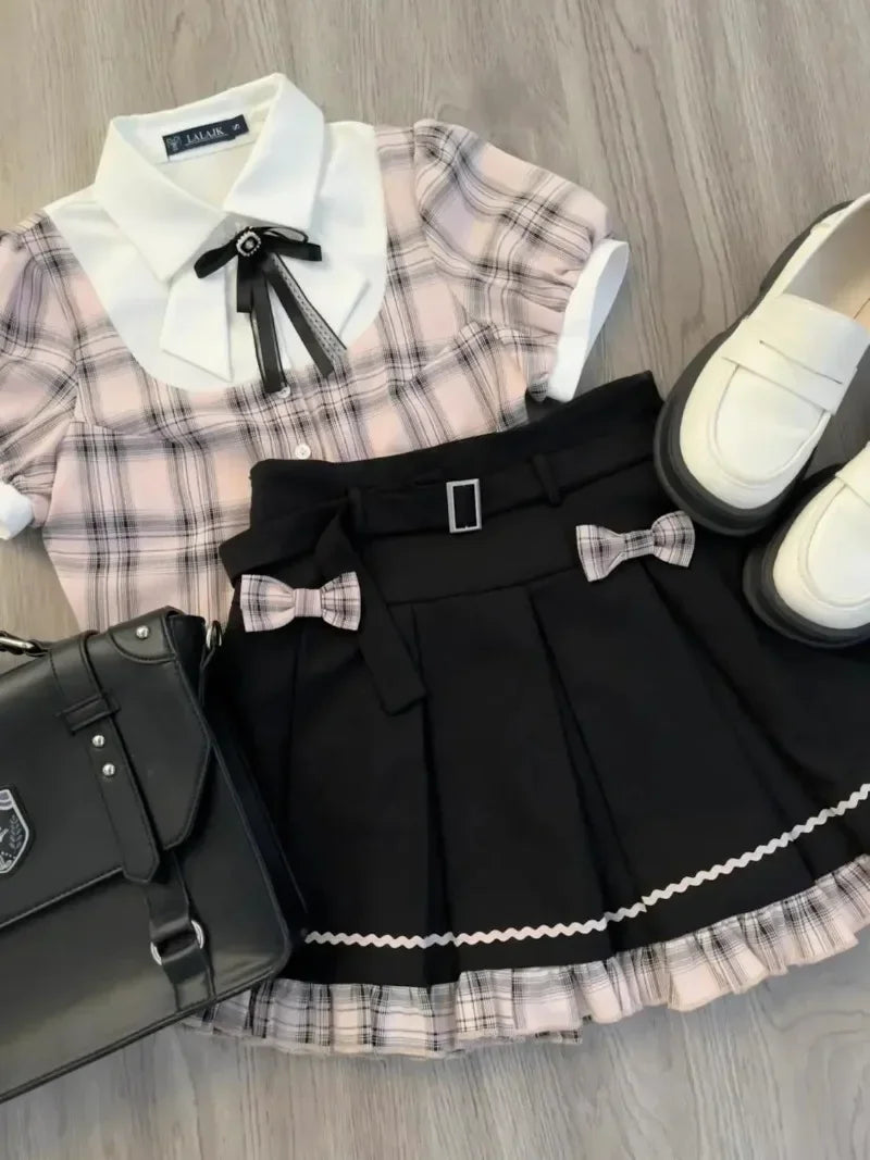 Sweet College Plaid Patchwork Shirt Pleated Skirt Set