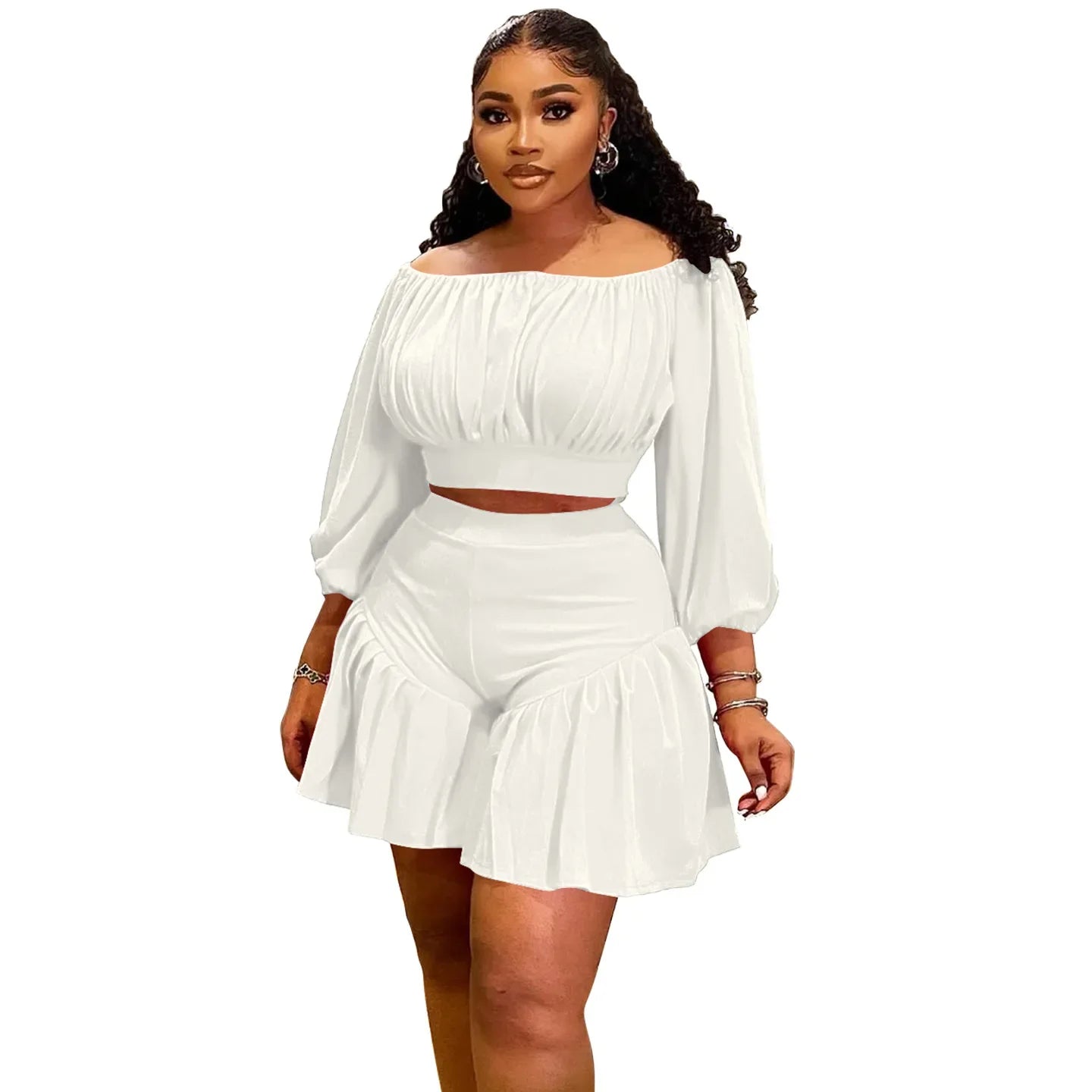 CM.YAYA Long Sleeve Slash Neck T-Shirt and Shorts Set