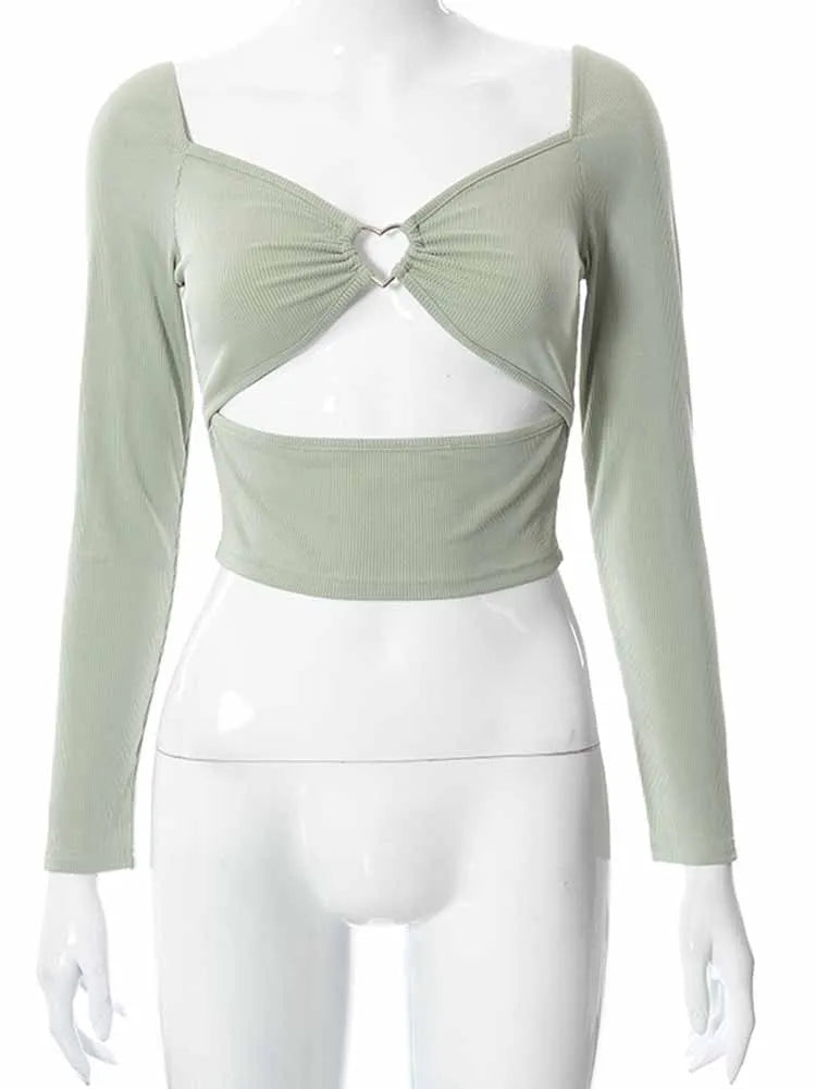 Hollow-Out Heart V-neck Long Sleeve Crop Top