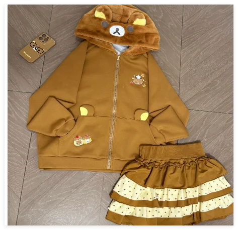 Embroidered Polka Dot Lace Hooded Bubble Short Sleeve Slim Brown Coat Cake Mini Skirts Set