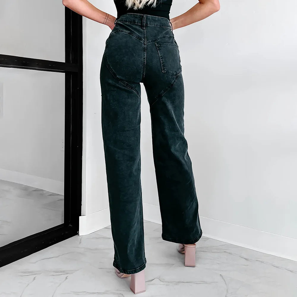 High-Waisted Wide-Leg Jeans with Rhinestone Fringe Thigh Cutouts