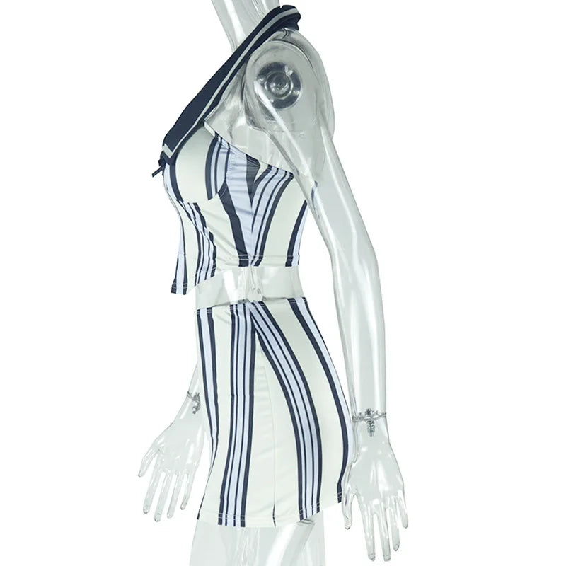 CM.YAYA Mini Skirt and Sleeveless Striped Top Set