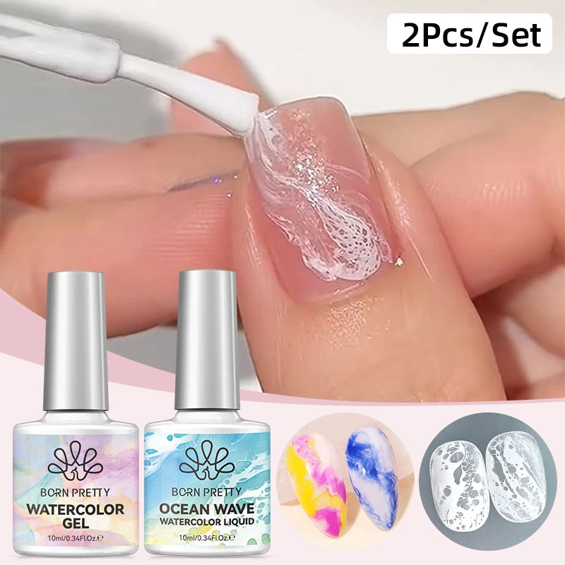 BORN PRETTY 1/2Pcs Ocean Wave Watercolor Liquid Gel Nail Polish Set