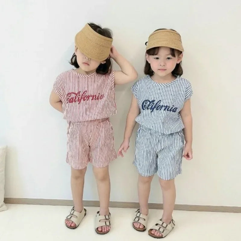 1～6歳 ベビー 男の子 ストライプ サマートラックスーツ 子供 レタープリント ノースリーブ 服セット ベビー 2点セット 韓国 夏 ファッション 服装