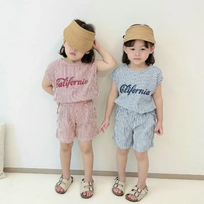 1～6歳 ベビー 男の子 ストライプ サマートラックスーツ 子供 レタープリント ノースリーブ 服セット ベビー 2点セット 韓国 夏 ファッション 服装
