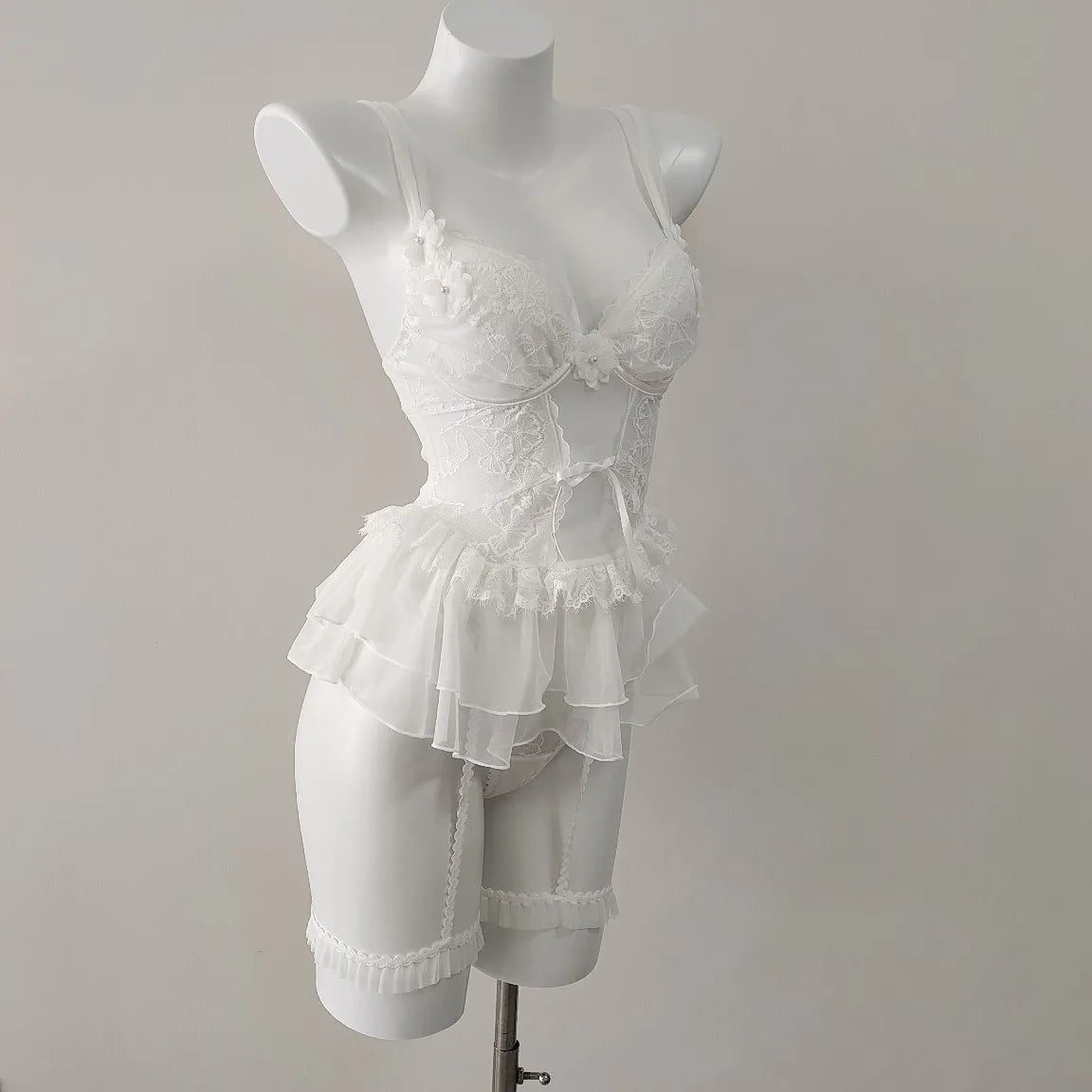 Flower Lingerie Corset Vest Slim Waist Lace Mesh Fishbone Bra Nightdress with Panty Underwear Set