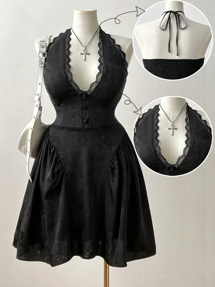 Jacquard V-Neck Lace Back Cutout Dress