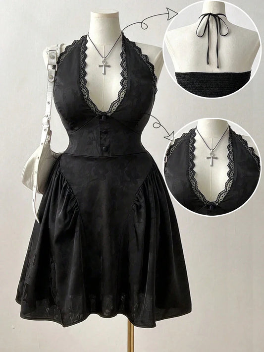 Jacquard V-Neck Lace Back Cutout Dress
