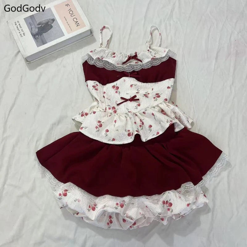 Lace Design Fake 2 Piece Tops +High Waist Skirt