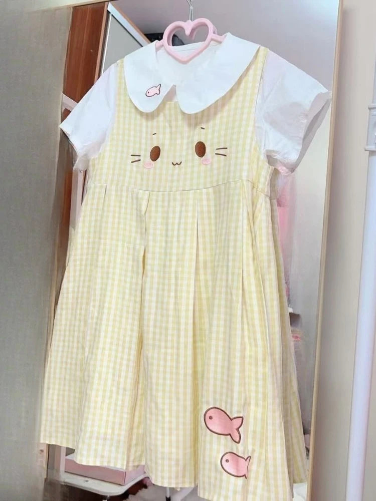 Plaid Cartoon Sleeveless Mini Dress + Doll Collar Blouse