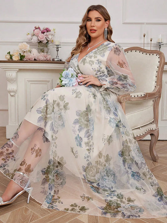TOLEEN Floral Print V-Neck Spliced Mesh Dress