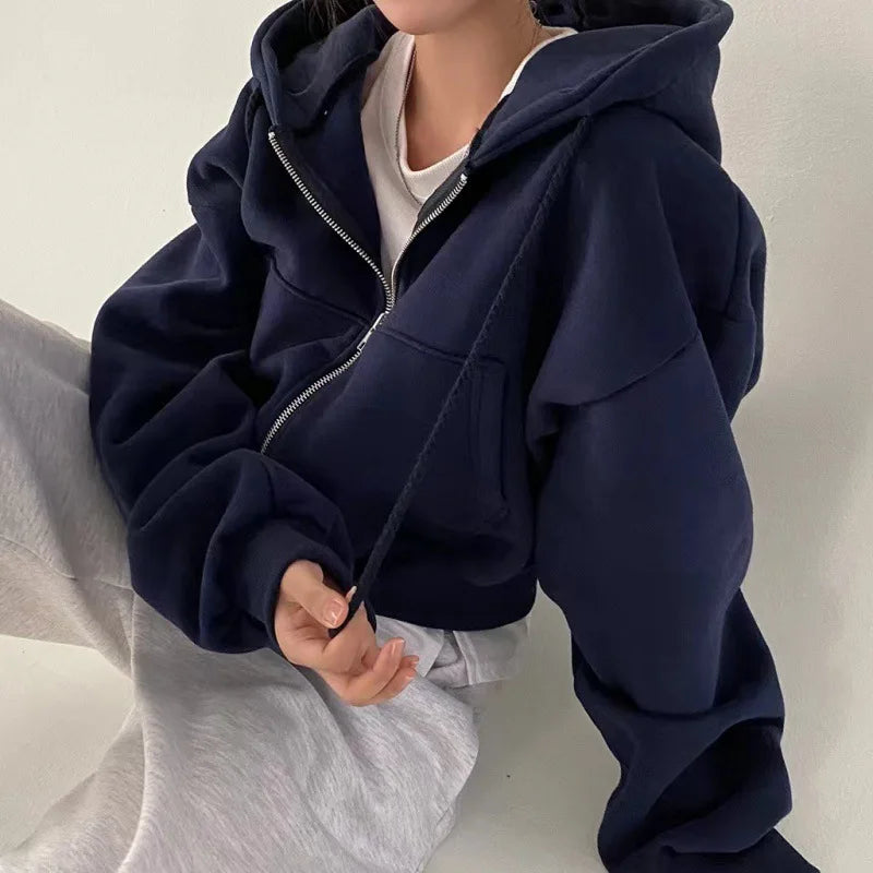2025 Spring Autumn New Plus Size Insfleece-lined Cropped Slims Smooths Silhouette Zip-up Warm Navy Blue Hooded Sweatshirt Women