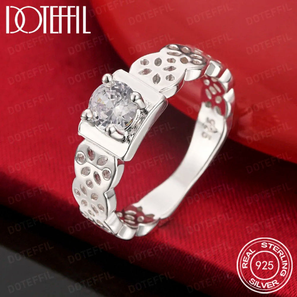 925 Sterling Silver Round AAA Zircon Hollow Pattern Ring