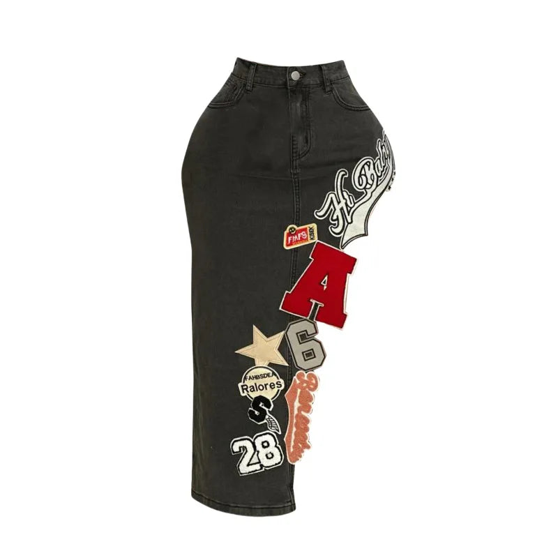 Letter Embroidery Asymmetrical Denim Skirt