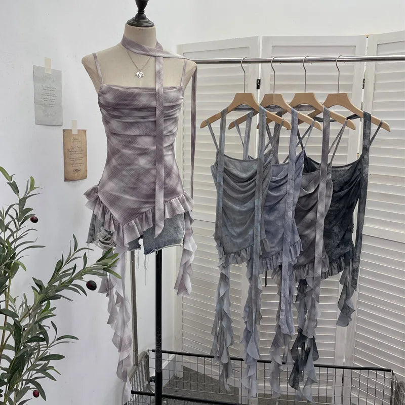 Plaid Printed Mesh Spaghetti Strap Camisole