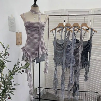 Plaid Printed Mesh Spaghetti Strap Camisole