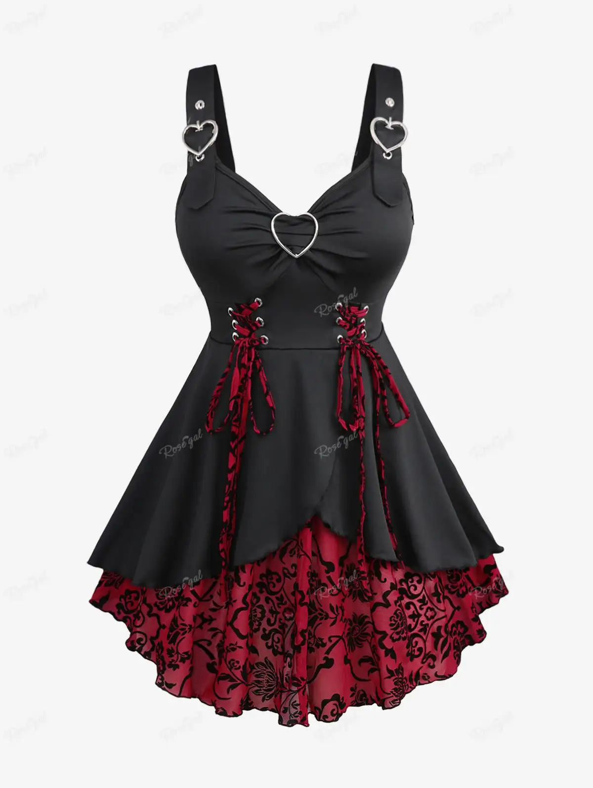 Floral Flocking Tulip Hem Layered Ruffles Lace Up Ruched Heart Buckles Tank Top