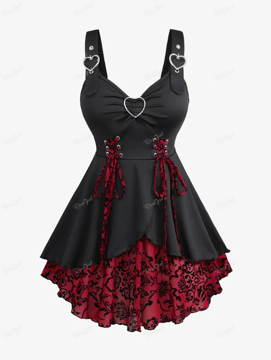 Floral Flocking Tulip Hem Layered Ruffles Lace Up Ruched Heart Buckles Tank Top