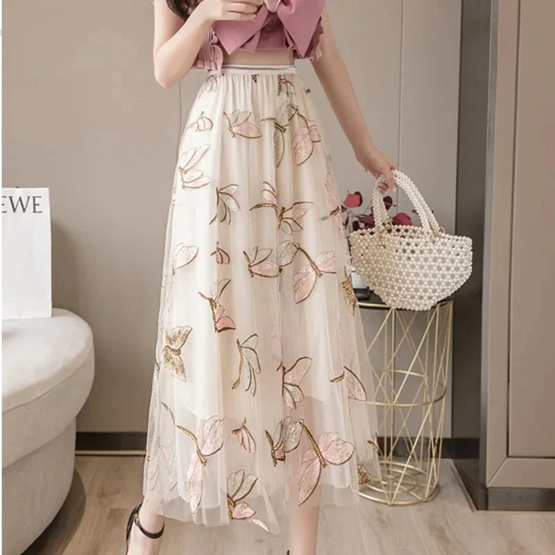 Embroidered Butterfly Mesh Midi Skirt with Sequin Detail