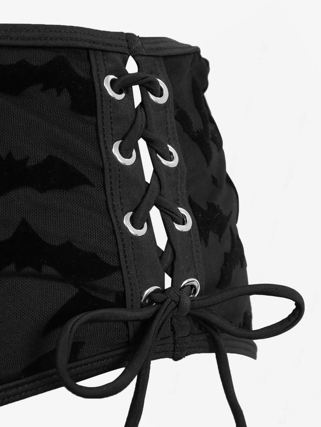 Gothic Moon Star Bat Flocking Peplum Hem Lace Up Swimsuit Set