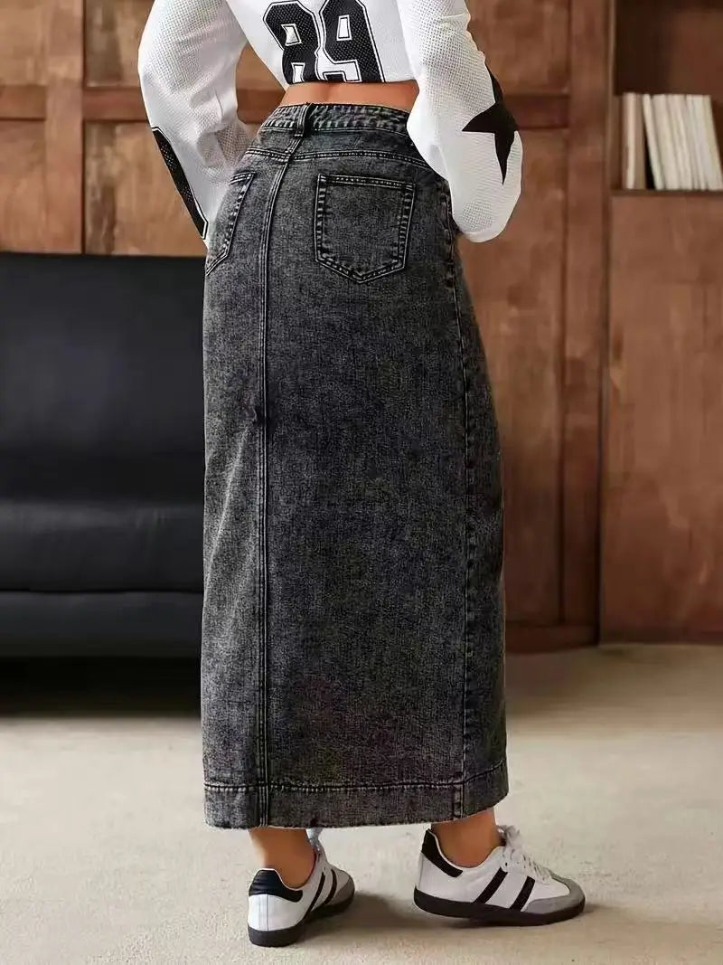 High-Waisted Front-Slit Denim Skirt