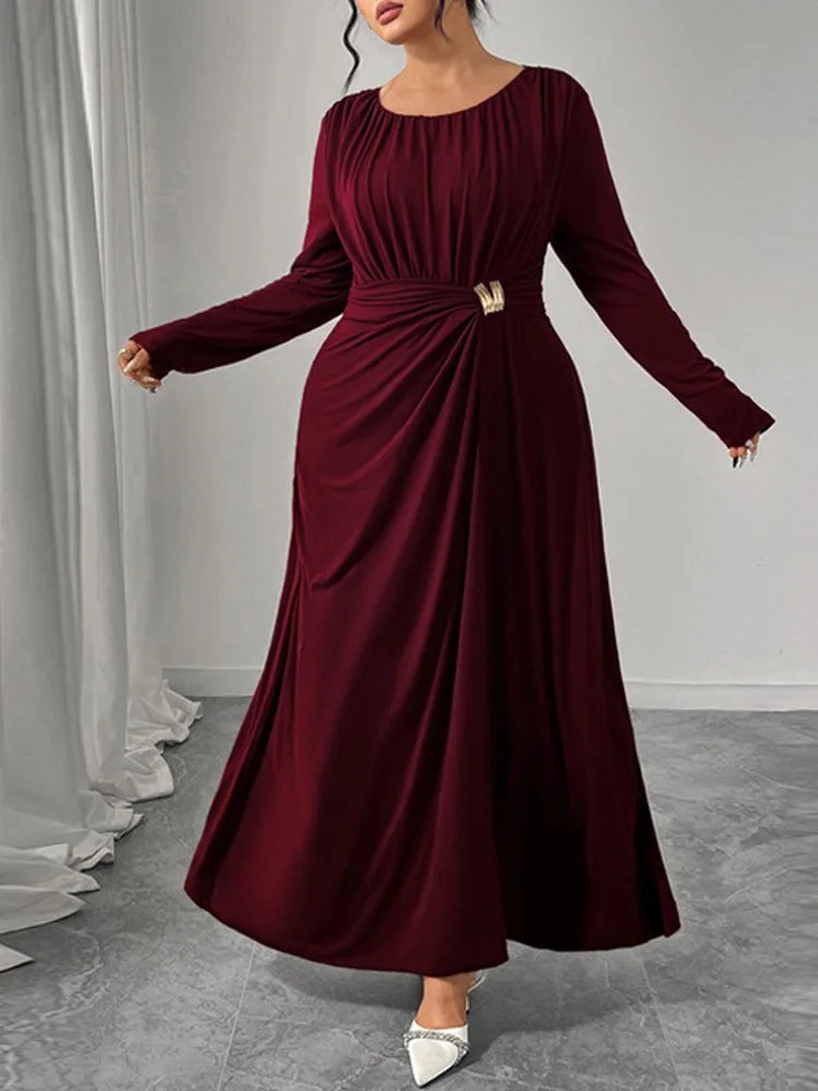 GIBSIE  Pleated O-Neck Long Sleeve Maxi Dress