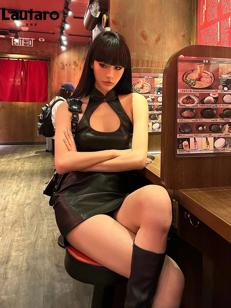Faux Leather Mini Halter Dress