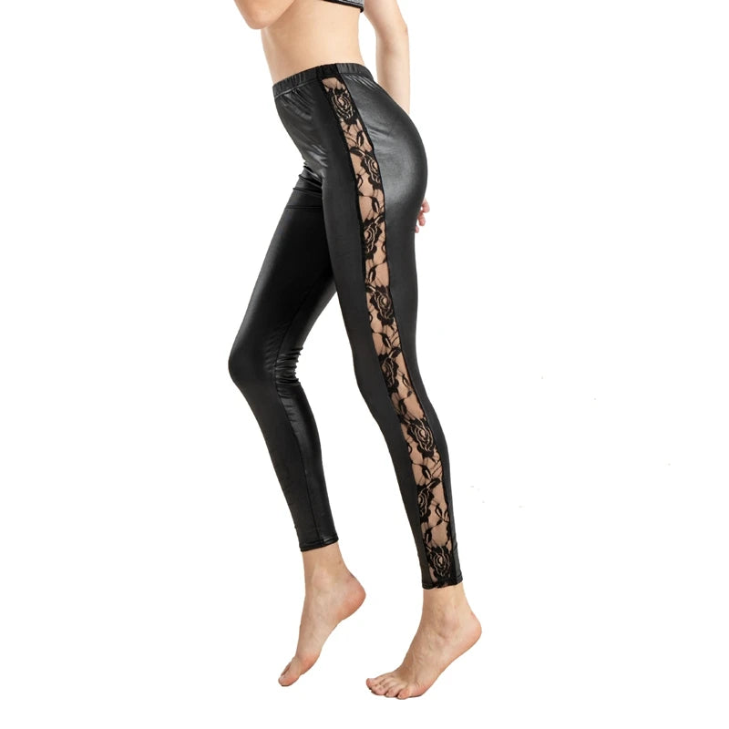 Lace Patchwork Artificial Leather Legging