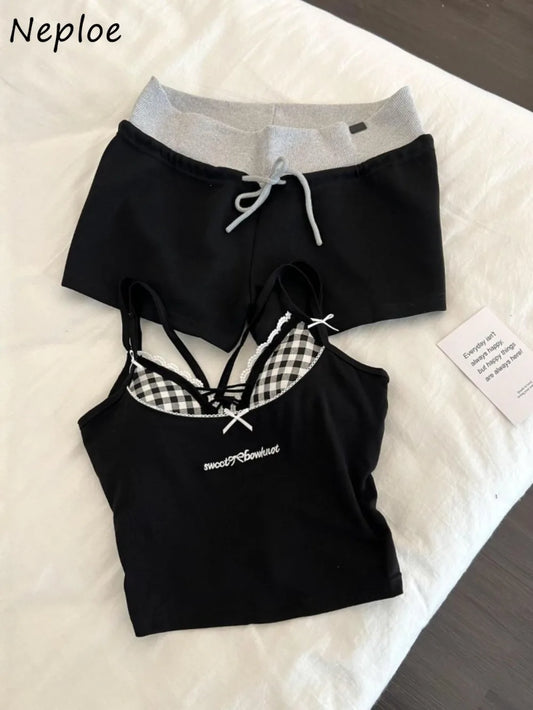 Neploe Flower Print Sling Sets Vest Casual Simple Office Lady All-match High Waist Shorts Personalized Minority Slim Suit Pant