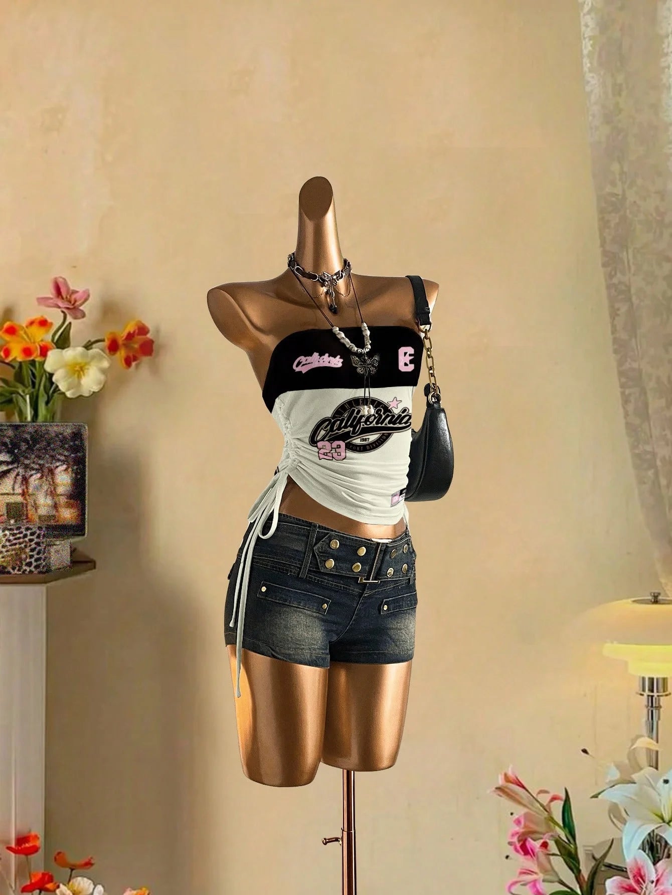 Drawstring Tie Front Cutaway Tapered Tube Top