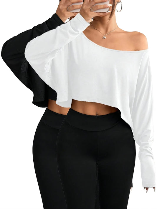 Off Shoulder Asymmetric Collar Long Sleeve Casual T-shirt Two Piece Set