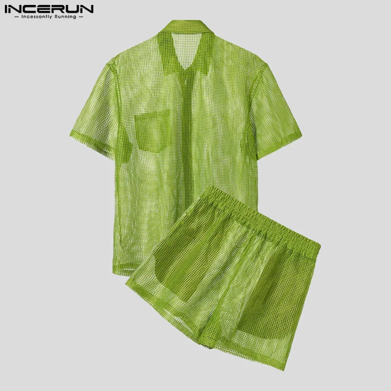 Mesh Hollow Out See Through Lapel Short Sleeve Shirt & Shorts Set