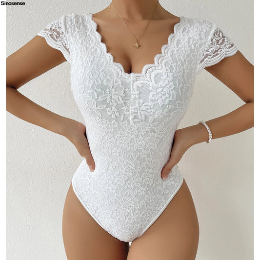 Embroidery Floral Contrast Lace Teddy Bodysuit