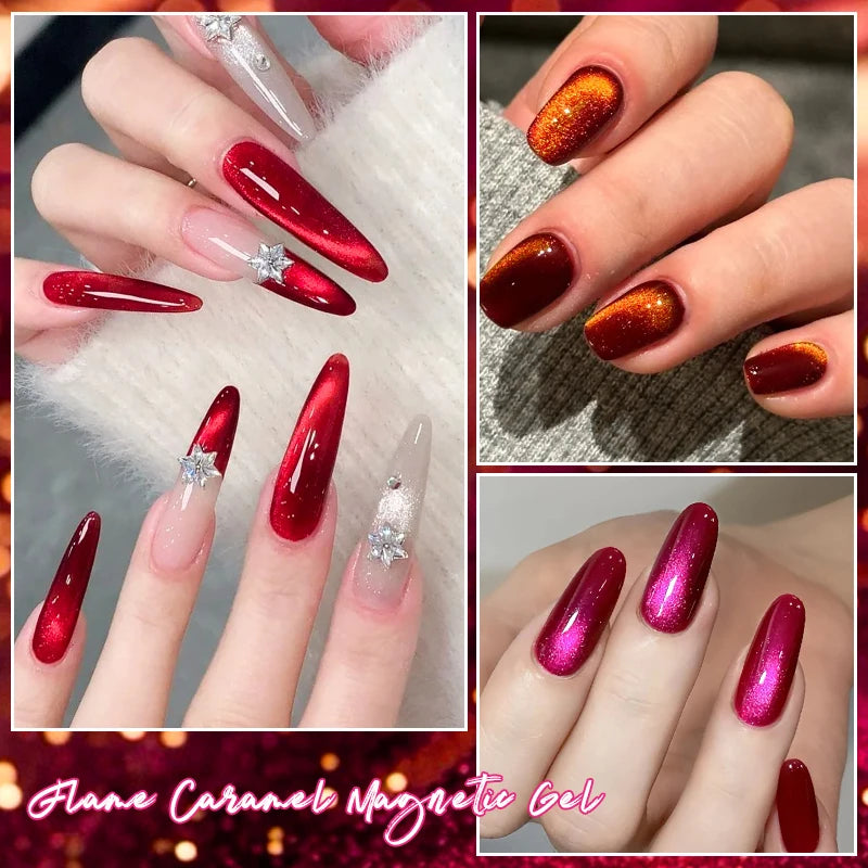 MEET ACROSS 7ml Dark Red Cat Magnetic Gel Nail Polish for Winter Nails DIY Jelly Glass Holographic Cat Eye Gel UV Gel Nail Art