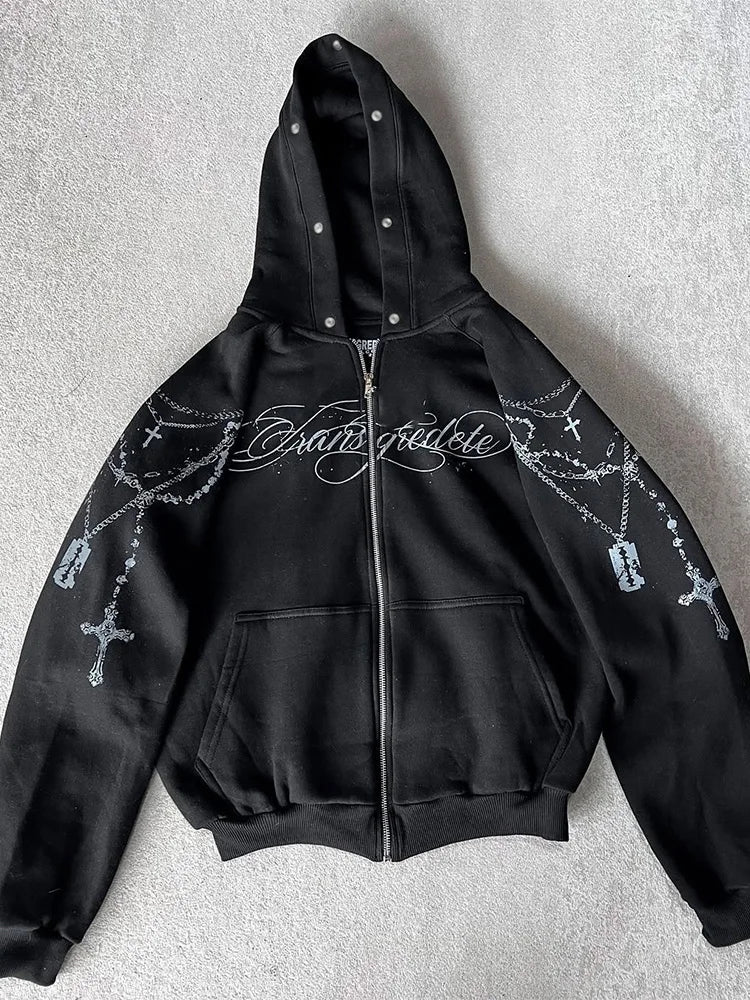 Faux Fur Hooded Jacket With Cross Print