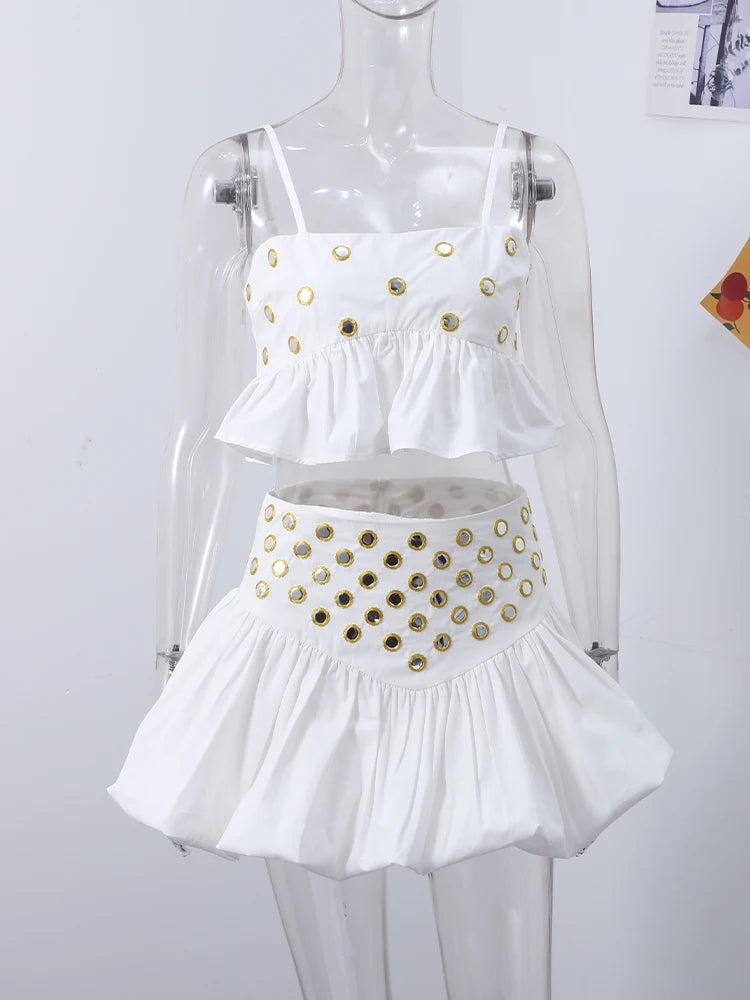Hollow Out Crop Tank Pleated Skirt Set