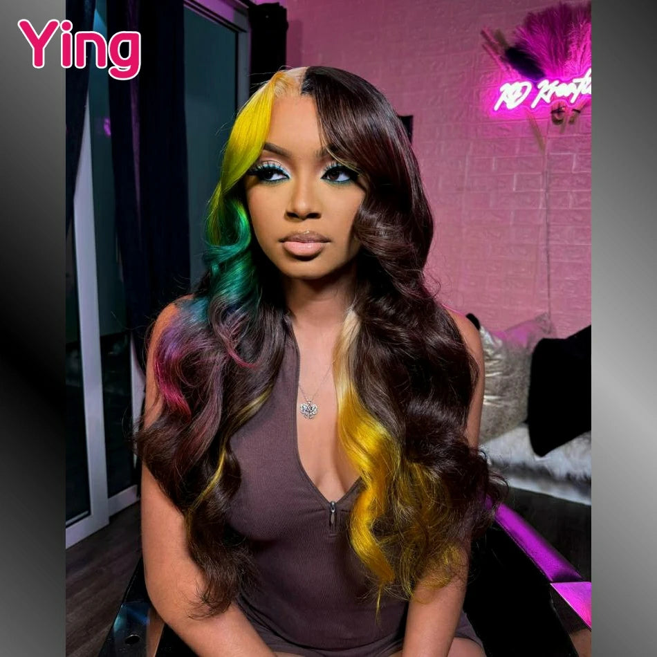 Multicolor Yellow Green Colored Body Wave Lace Front Human Hair Wig