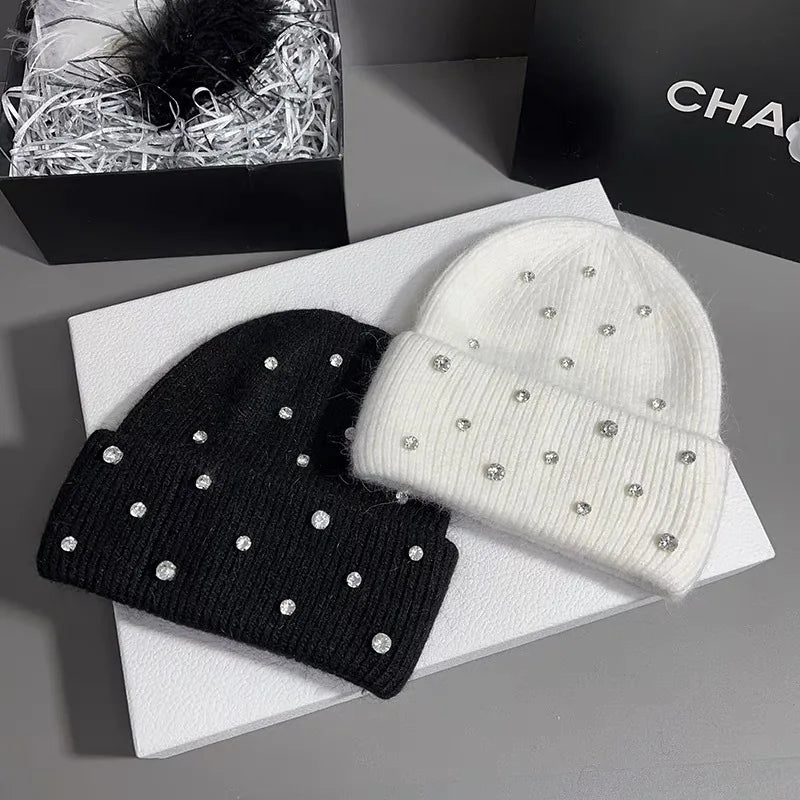 Luxury Rhinestone Rabbit Hair Knitted Beanie