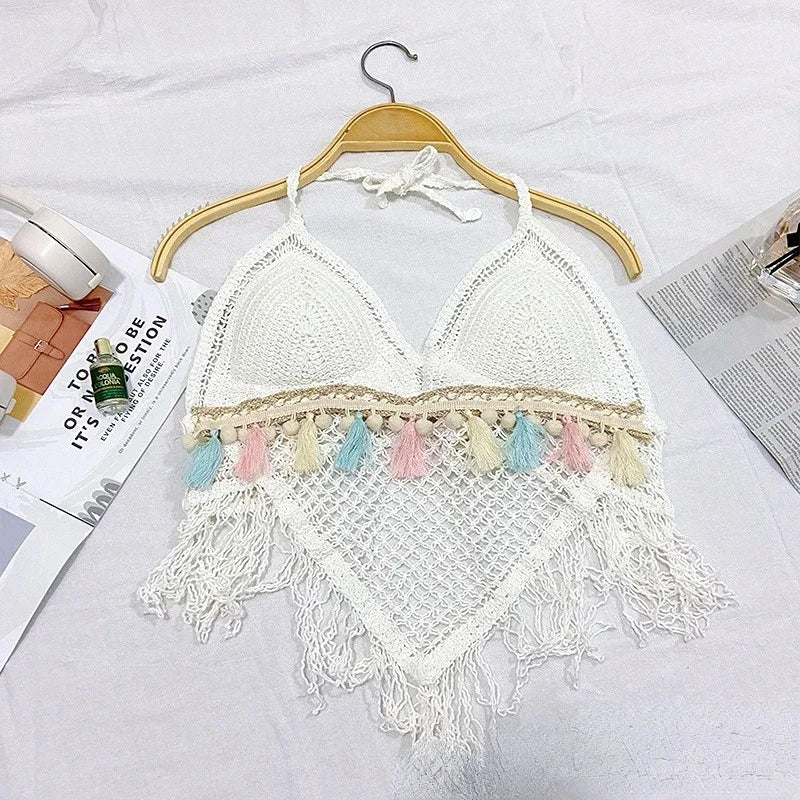 Boho Crochet Fringe Halter Crop Top