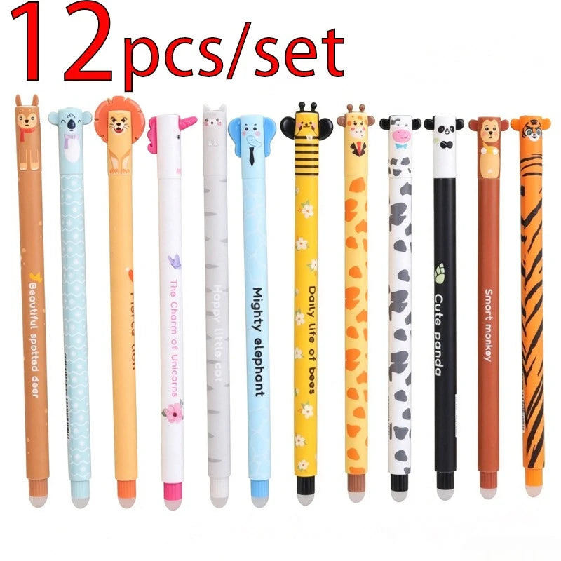 12 styles Cute Animal Erasable Pen 0.7mm Blue Ink Gel Pen Lion Elephant Unicorn Ballpoint Pen Writing Error Erasable for School