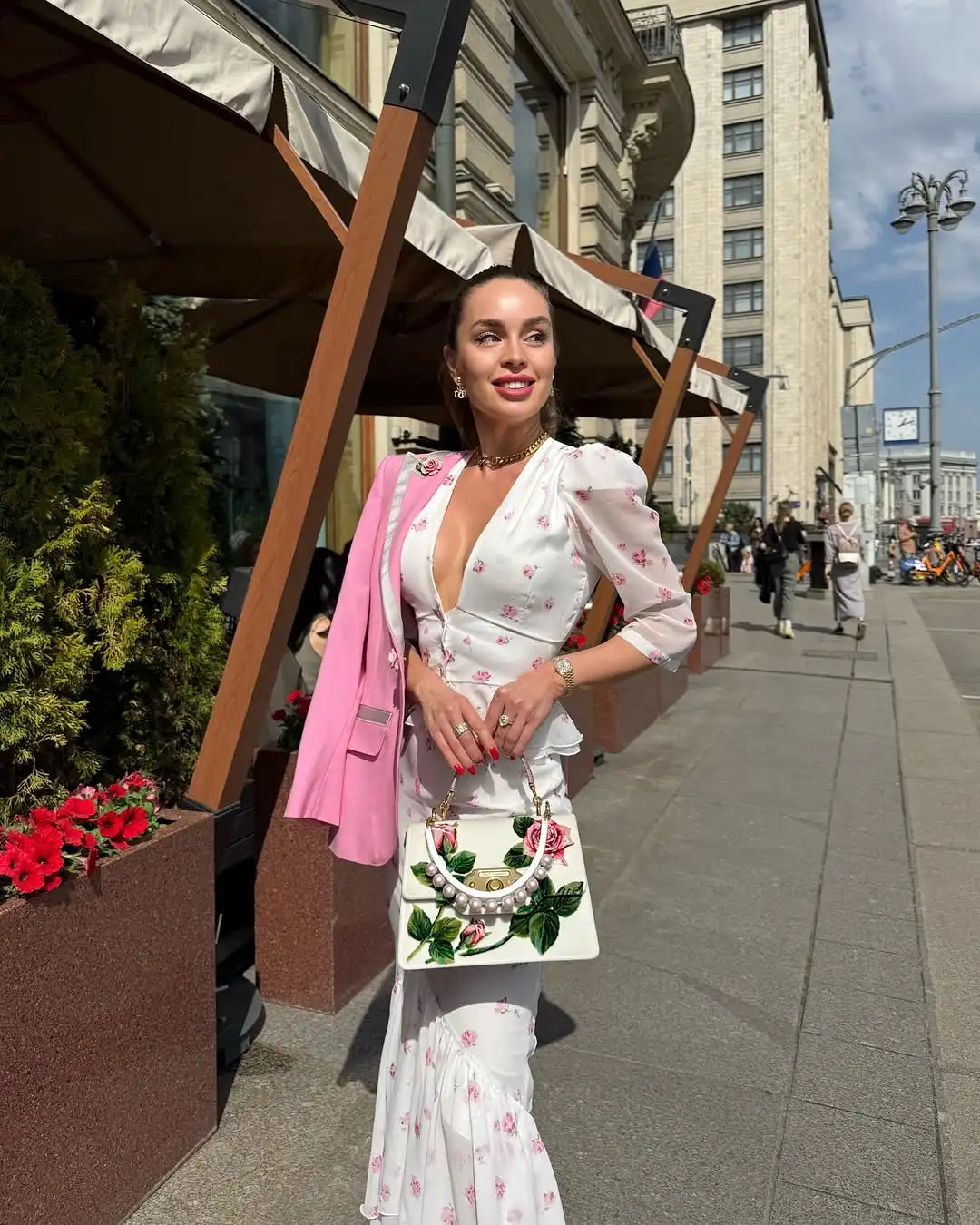 Floral Print V-Neck Peplum Top and Matching Fishtail Midi Skirt Set