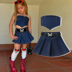 Denim Tops + Pleated Skirt + Bow Belt 3 Pcs Set