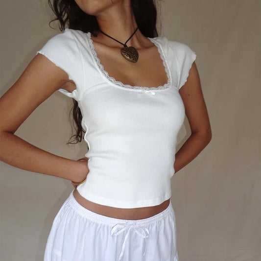 Baby Tee Cottage Lace Trim Knitted T-Shirt