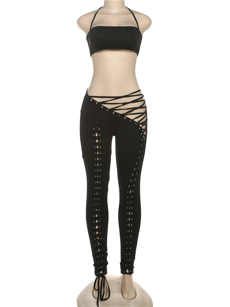 Halter Camisole + Shirring Hollow Pants Set