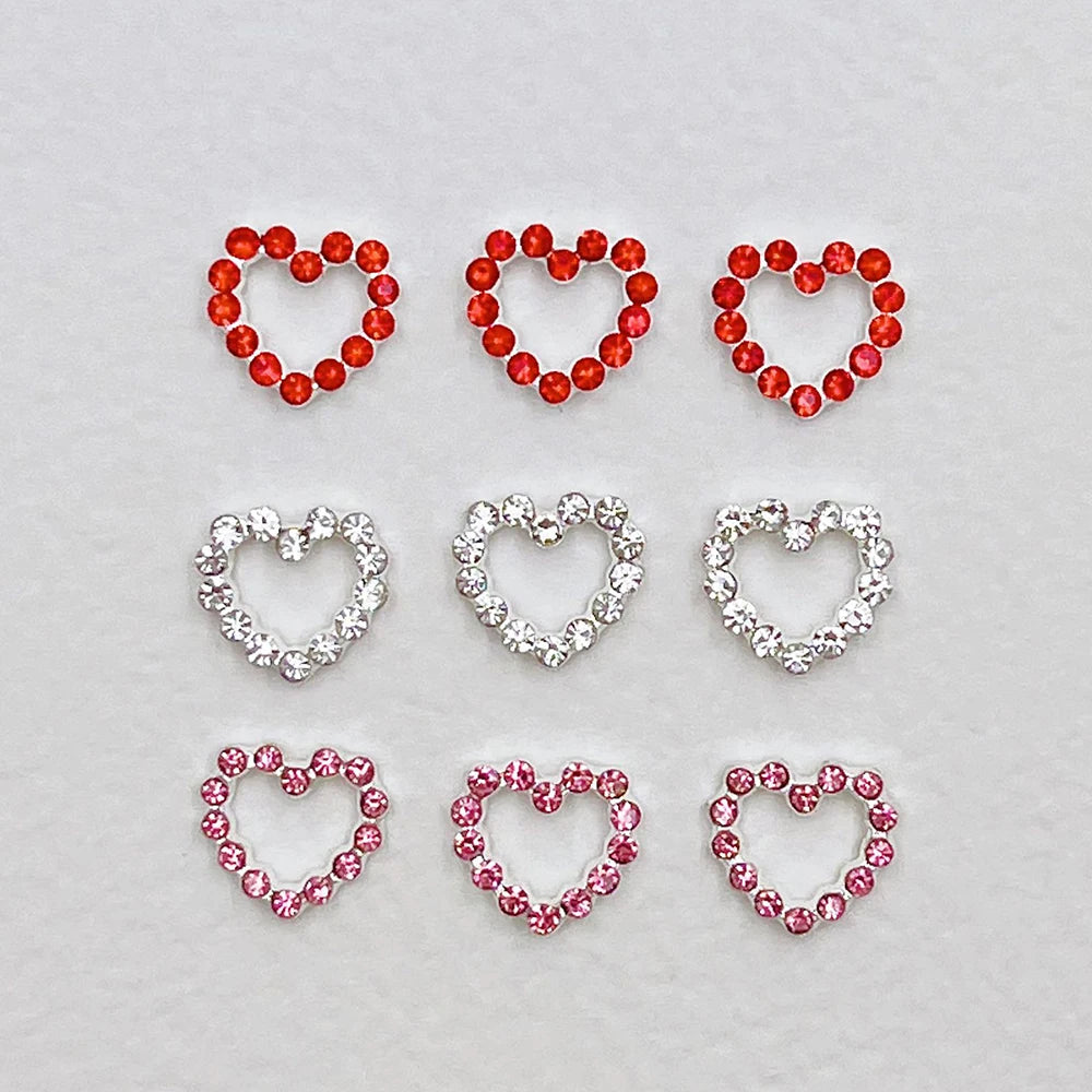 10pcs Metal Heart Nail Charms Red Pink Silver Diamond Nail Parts for Manicure Decoration Accessories Hollow Out Love Charms